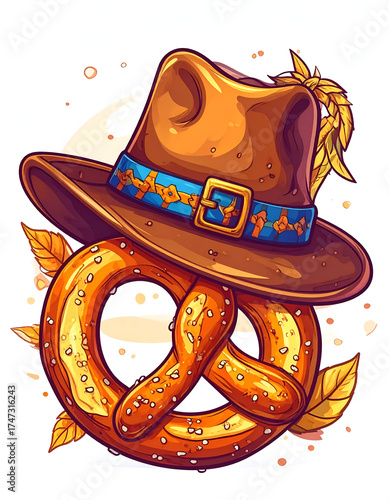 Traditional German Oktoberfest illustration with a Bavarian hat and pretzel.