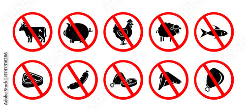 No meat and animal products sign vector illustration. Prohibited beef, pork, chicken, fish, lamb, sausage, steak, and seafood symbols with red forbidden circle for vegetarian or vegan food concept.