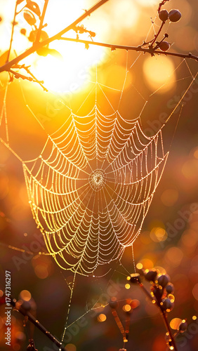 Dew drops on spider web illuminated by golden sunrise light.