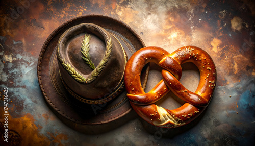 Oktoberfest Still Life - Bavarian Hat and Pretzel on Rustic Background.