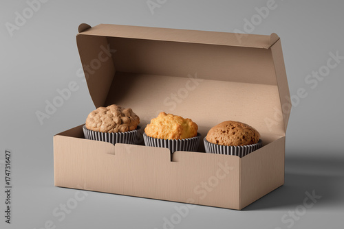 Gourmet muffin packaging box mockup with three cupcakes and raised lid