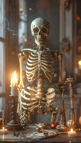 Spooky Skeleton Sitting by Candlelight in a Dimly Lit Room.