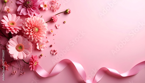 Elegant pink floral arrangement with ribbon on a soft background.
