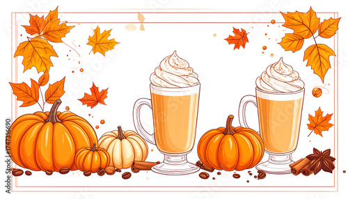 Autumnal Pumpkin Spice Latte Scene with Pumpkins and Leaves.