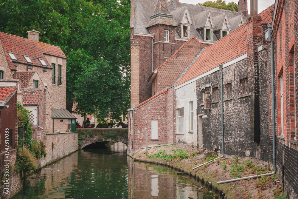 Naklejka premium Bruges, Belgium. Brugge. View of a river with a medieval bridge in the background.