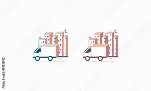 Two Delivery Trucks Driving Past City Skylines