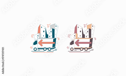 Delivery Truck Icon with City Skyline in Minimalist Style