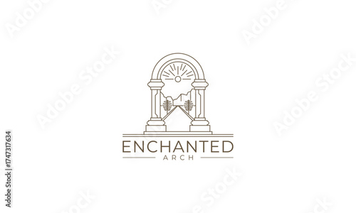 Enchanted Arch: Line Art Logo of an Archway Framing a Mountain Landscape