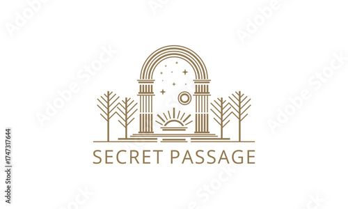 A stylized arched gateway flanked by trees, symbolizing a secret passage to celestial realms.