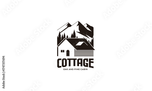 Mountain Cabin Cottage Logo: Oak and Pine Cabin nestled in a forest with mountains.