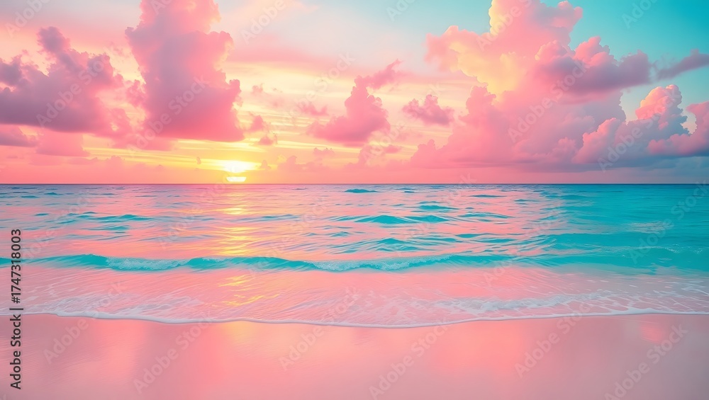 Fototapeta premium Colorful Tropical Beach Sunset: Serene Pacific Evening with Aqua and Pink Sky Reflections - Nature & Relaxation Photography