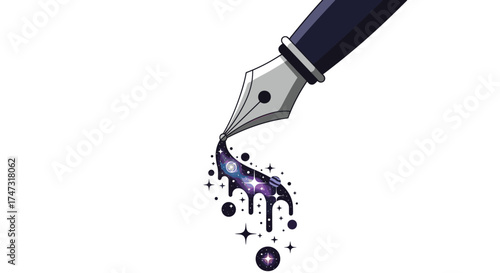 Fountain pen dripping ink with stars and sparkles, Generative AI.