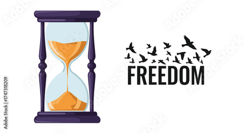 Hourglass and birds flying out of the word freedom, Generative AI.