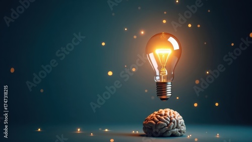 Brightly illuminated light bulb hovering above a human brain, suggesting ideas, innovation, and creativity within a dark, teal-toned environment, with small glowing orbs, evoking inspiration,...