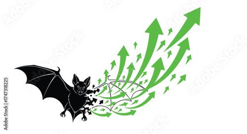 Bat transforming into upward trending arrows symbolizing growth and progress, Generative AI.