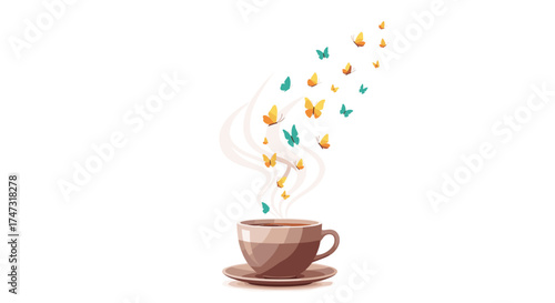 A cup of coffee with butterflies rising from steam, Generative AI.