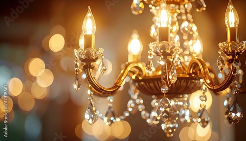 Glowing chandelier sparkles with intricate crystal accents, emanating warmth from its lit bulbs amidst a soft, out-of-focus background of amber bokeh, creating a rich and elegant ambience.
