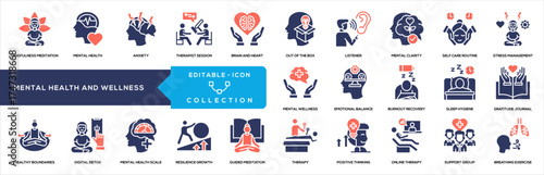 Mental Health and Wellness Glyph Color Icon Collection. Containing Mindfulness Meditation, Mental Health, Therapist Session, Brain Heart, Out Box, Mental Clarity, Self Care, Stress Management