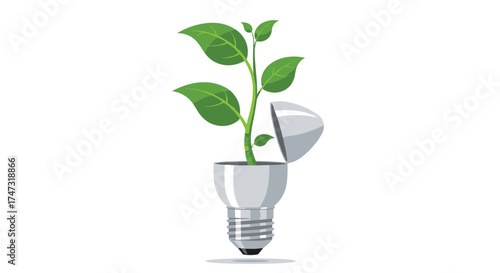 Green plant growing out of a light bulb symbolizing ecofriendly energy and innovation, Generative AI.