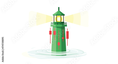 Green lighthouse guiding ships with light beams, Generative AI.