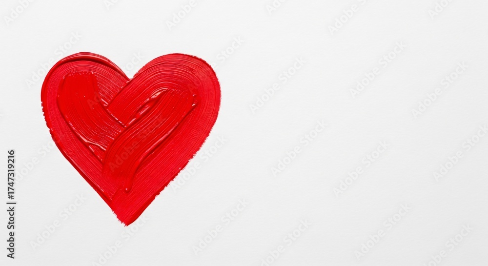 Fototapeta premium Red Paint in Shape of a Heart on White Paper Background, Flat lay, Love Concept, Symbol of Love and Romance with Ample Copy Space