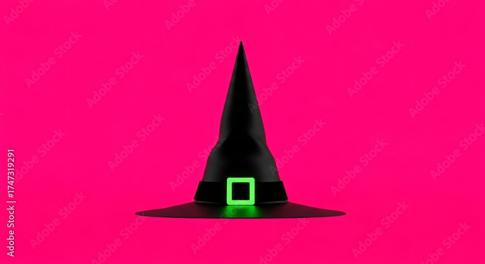 Fototapeta premium A Black Witch Hat with a Neon Green Buckle on a Pink Background, Minimalist and Magical Halloween Witch Hat Concept, Spooky Season Accessory, Halloween Still Life