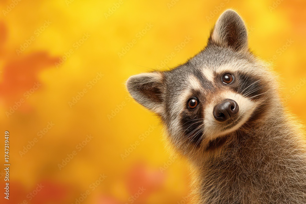 Obraz premium A curious raccoon with its head tilted and a bright background