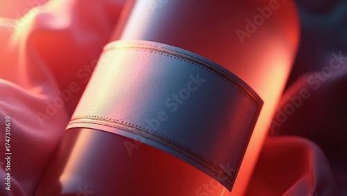 Dramatic lighting accentuates a wine bottle with a blank label against a backdrop of soft, folded fabric. The saturated reds and pinks, along with shadows, create a luxurious and elegant feel.