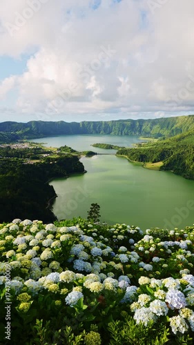 Miradouro da Vista do Rei. Sete Cidades Caldera. Blue Lake and Green Lake. Azores, Sao Miguel Island. Portugal. Wide Shot. Vertical Video