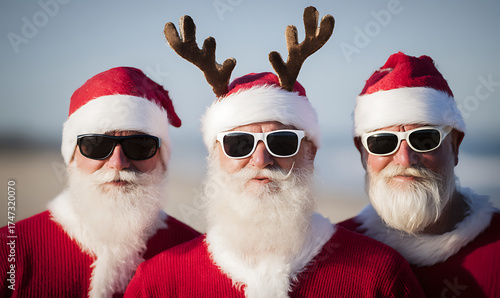 Group of men in santa outfits and sunglasses with reindeer antlers