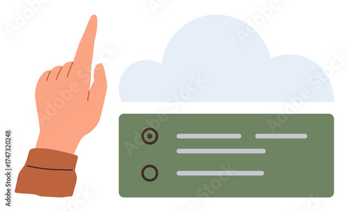 Hand pointing up at a cloud with a server panel showcasing data options. Ideal for technology, cloud computing, data storage, IT solutions, innovation, digital transformation, simple flat metaphor