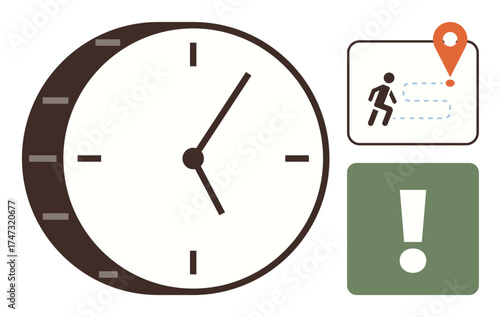 Clock indicating time, runner towards a location pin on a map with path, green alert sign. Ideal for efficiency, goals, planning, navigation, reminders, productivity simple flat metaphor