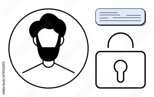 User avatar in a circle, lock icon symbolizing security, and login credentials block. Ideal for identity protection, cybersecurity, data privacy, account safety, login authentication, secure access