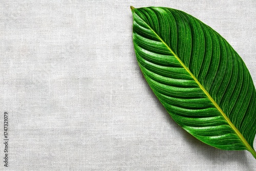 A single green decorative leaf over clean white fabric