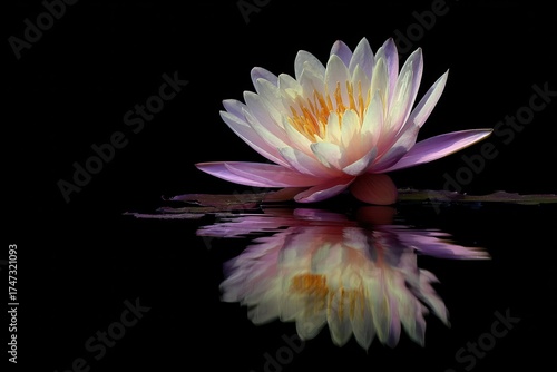 A single lotus flower floating on water with reflection