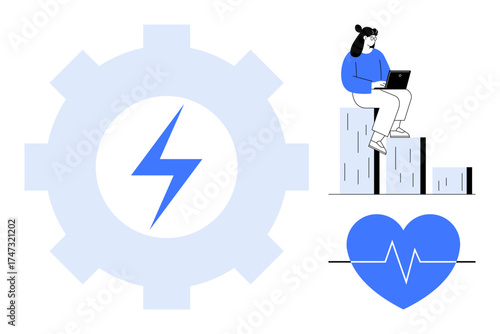 Large gear with energy bolt, woman working on bar graph with laptop, and heartbeat icon. Ideal for productivity, analytics, health, energy, work-life balance innovation corporate wellness. Simple
