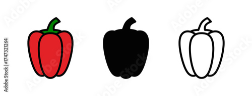 Three sweet bell peppers in color, silhouette, and outline variations