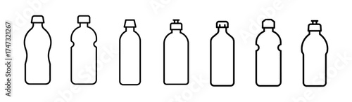 Collection of Different Plastic Bottles Outline Style in a Row on White Background