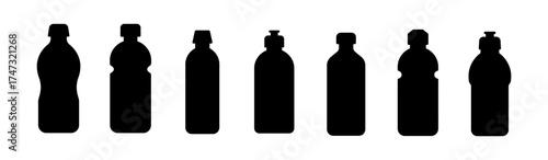 Seven Black Water Bottle Silhouettes in a Row on a White Background