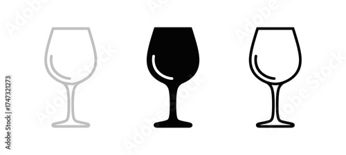 Three Wine Glass Icons in Outline and Solid Styles on White Background