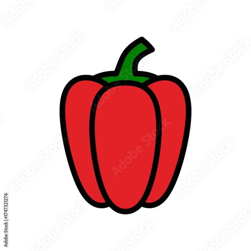 Single red bell pepper with green stem outlined in black on a white background