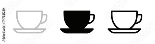 Minimalist Coffee Cup Icon Set with Saucer in Gray, Black and Outline