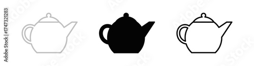 Teapot Icons in Grey Black and Outline for Tea Beverage