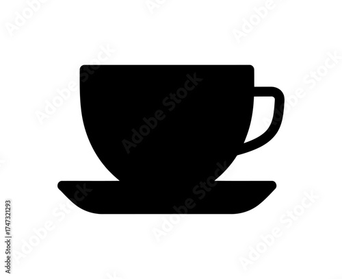Simple black and white graphic of coffee cup and saucer on white background