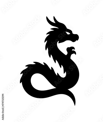Stylized silhouette of a serpentine mythical dragon with horns