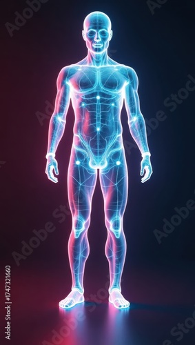 Visual representation of a human body with glowing blue and red outlines, set against a dark, gradient background. The image presents a detailed and illuminated depiction of human anatomy.