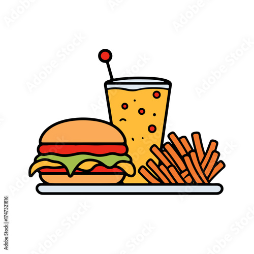 Satisfy your cravings with this delightful burger, fries, and soda combo, perfect for menus, fast food promotions, or fun food-themed designs that pop!