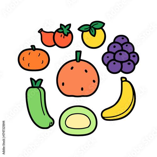 Vibrant cartoon fruit and vegetables for healthy kids nutrition, a fun way to learn about food groups, perfect for educational materials and playful designs