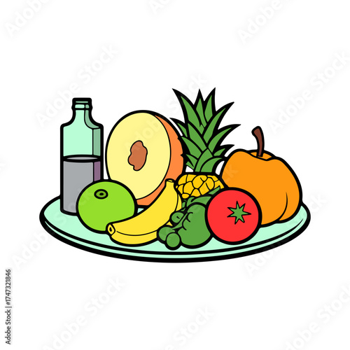 Vibrant fresh fruit platter illustration showcasing healthy eating and wellness, featuring pineapple, peach, banana, tomato, grapes and more for a balanced diet