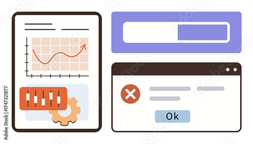 Analytical graph with candlestick chart and gear, progress bar, and error popup with confirmation button. Ideal for data analysis, statistics, system issues, error handling, progress tracking, user